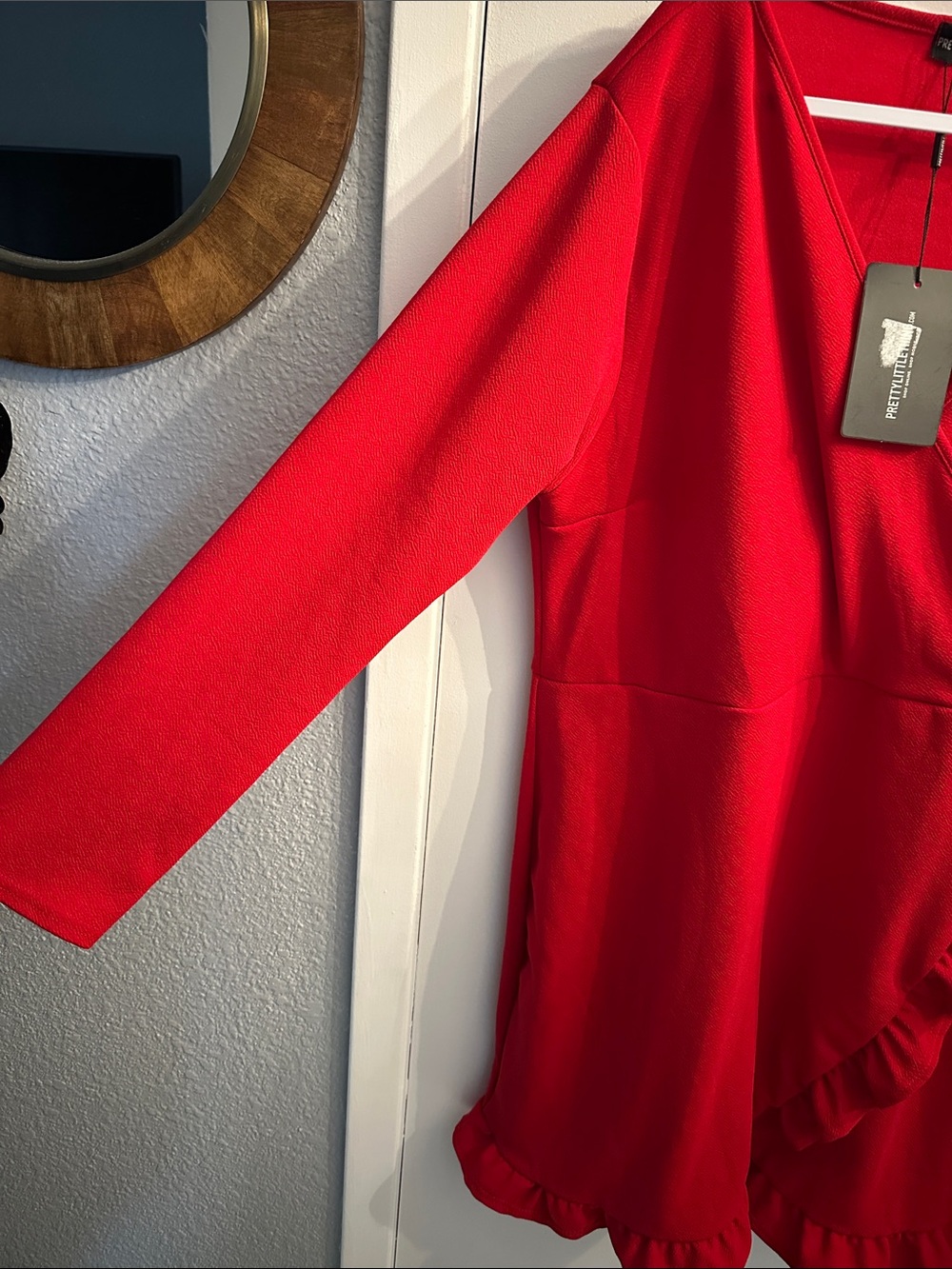 Red Wrap-Style Women's Dress with Ruffle Trim - Picture 5 of 6